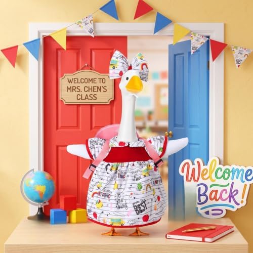 Abbylike Back to School Porch Goose Outfit Fit 23 Inch Lawn Statue Student Goose Skirt with Pink School Bag and Bow Headband for Garden Classroom Patio Lawn Yard Outdoor Garden Decoration - Image 2