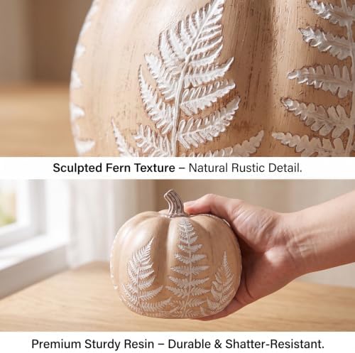 Fall Pumpkins for Decorating, Brown Resin Pumpkin Decor with Leaves Pattern - Image 6