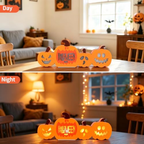 Fangoo Fall Wooden Pumpkin Table Night Light Halloween Decorations Double Side Fall Pumpkin Tabletop Centerpiece Decor for Harvest Thanksgiving Tiered Tray Mantle Desk Holiday Party Decorations - Image 3