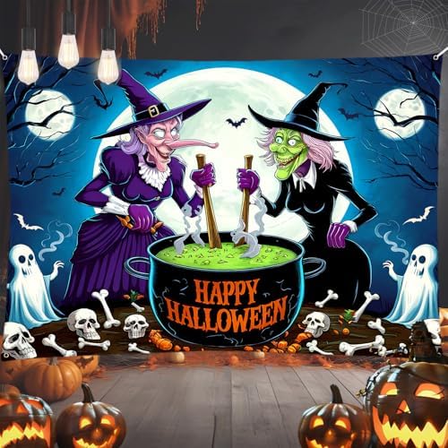 Happy Halloween Backdrop Banner - Large Fabric Moon Night Spooky Witch Ghost Background Banner for Photo Sign Booth Indoor/Outdoor Wall Decor by Govpy