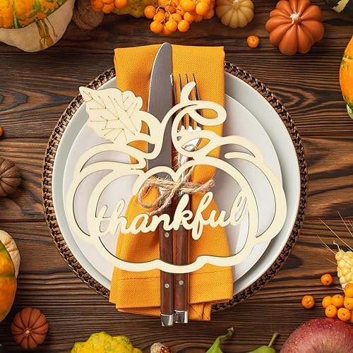 12 Pcs Thanksgiving Pumpkin Wooden Plate Decor Grateful Wood Cutouts Fall Autumn Thankful Blessed Favour Gather Party Place Card Table Settings Signs for Farmhouse Dining Table Holiday Harvest by Sophena