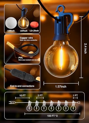 Outdoor String Lights, 200FT 100+2 G40 Bulbs Shatterproof Patio Lights - Image 2