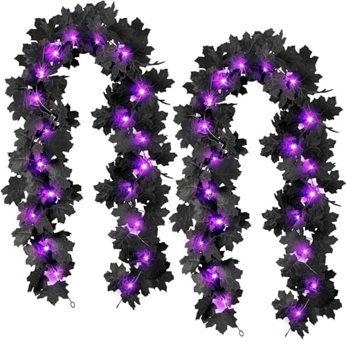Halloween Black Leaf Garland with Purple Lights, 2 Pack by KVCSYAW