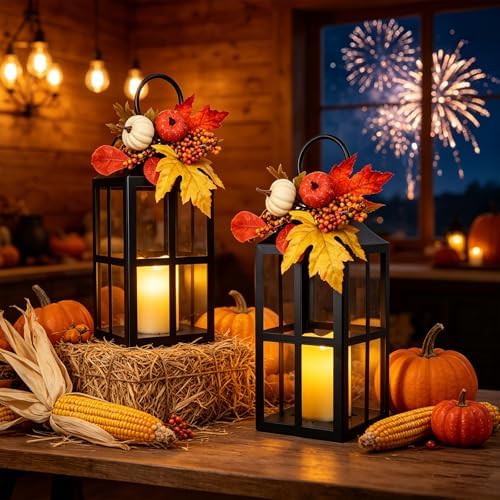 Bdor Fall Lanterns LED Candles 2 Pack 17.7 Inch Thanksgiving Decor Timer - Image 2
