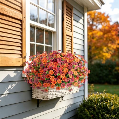 Fall Mums Artificial Flowers for Outdoors Potted, 12 Bundles Fake Fall Daisy Flower with Realistic Eucalyptus Leaves, Fake Plants for Greenery Boxwood Porch Patio Garden Pot Courtyard(Orange Brown) - Image 5