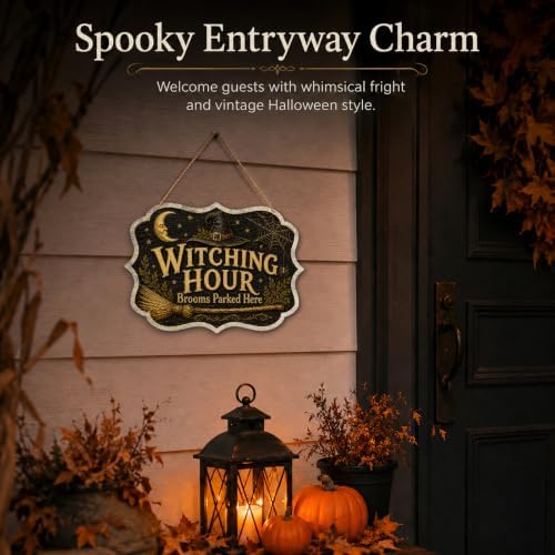 Vintage Witching Hour Wooden Sign with Hanging Rope 8.5x12 Inch Halloween Witch Hat Broom Crescent Moon Gothic Wall Plaque Spooky Farmhouse Decor for Front Door Porch Outdoor Wall Hanging Art（A03） - Image 5