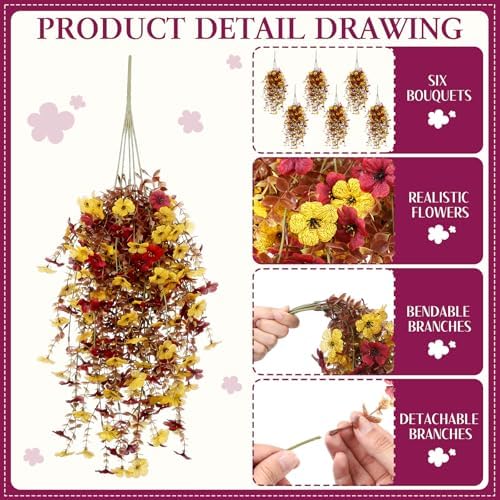 6 Pcs Fall Artificial Hanging Flowers Outdoor, Maroon, Yellow - Image 3
