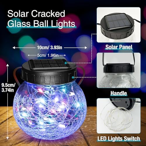 kolpop 6 Pack Solar Lantern Outdoor Lights, Multi-Coloured Solars Lanterns with 30 LED, Crackle Glass Ball Waterproof Hanging Solar Lights for Garden Decor Patio Fence Yard Christmas Tree Decoration - Image 5