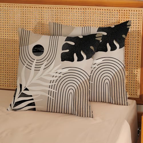 Boho Pillow Covers 16x16 Set of 2 Mid Century Black Beige Tropical Leaf Throw Pillow Covers Outdoor Decor Modern Abstract Decorative Pillow Cases Farmhouse Linen Cushion Case for Couch Sofa - Image 3