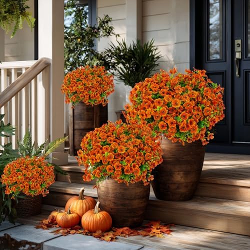 AXYLEX Artificial Mums for Outdoors Fake Fall Flowers Red Orange 16 Pack - Image 3