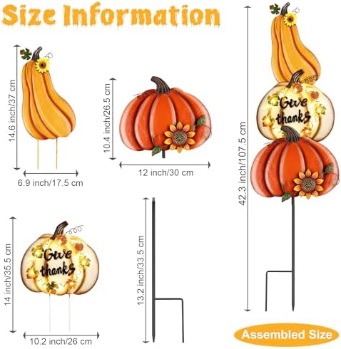 Fovths 42.3 Inch 3 Pieces Thanksgiving Metal Fall Pumpkins Garden Yard Sign, Giant LED Metal Thanksgiving Pumpkin Yard Sign Stakes, Waterproof Fall Harvest Pumpkin for Outdoor Lawn Decor - Image 2