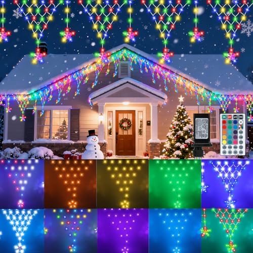 (New) Christmas Curtain Lights, RGB Remote Control Christmas Lights, 218 LED 13.8FT Outdoor String Lights with 12 Star Drops 8 Modes Waterproof for New Year, Eaves, Fence, Balcony, Railing Decor by FUNIAO