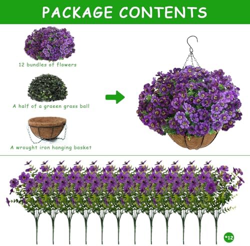 Artificial Hanging Flower Plants with Pot Planter, 12 Bundles Fake Flowers Uv Resistant Artificial Outdoor Flowers for Spring Summer Yard Porch Patio Garden and Home Decoration - Purple - Image 2