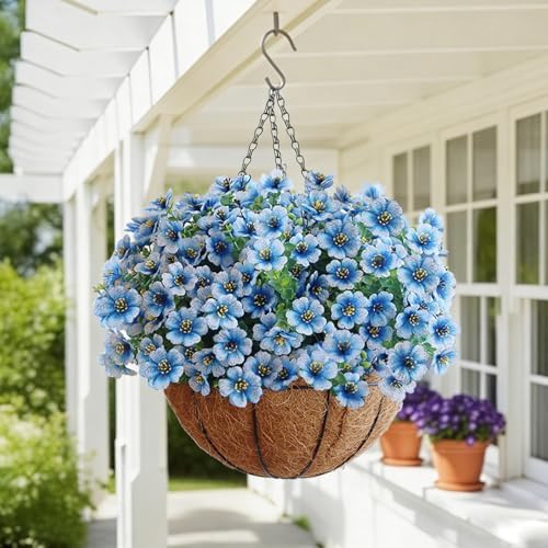 Artificial Hanging Flower Plants with Pot Planter, 12 Bundles Fake Flowers Uv Resistant Artificial Outdoor Flowers for Spring Summer Yard Porch Patio Garden and Home Decoration - White Blue - Image 6