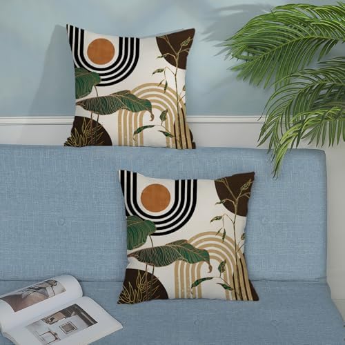 Boho Brown Pillow Covers 16x16 Set of 2 Gold Leaf Tropical Mid Century Throw Pillows Outdoor Bohemian Abstract Modern Decorative Pillowcase Farmhouse Linen Cushion Case for Couch Sofa Decor - Image 4