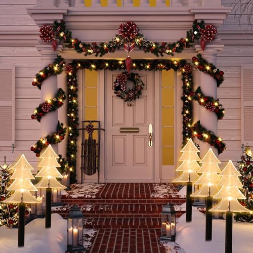 Mycznsyard Christmas Tree Pathway Light 5 Pack Christmas Decorative Lights Battery Operated 6 hrs Timer Waterproof LED Night Lights for Outdoor Ground Lawn Landscape Holiday Party Decor (Warm White) - Image 2
