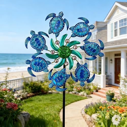 39" Sea Turtle Wind Spinners Garden Stake,Outdoor Ocean Theme Wind Sculpture Decorations for Patio,Lawn-Blue - Image 4