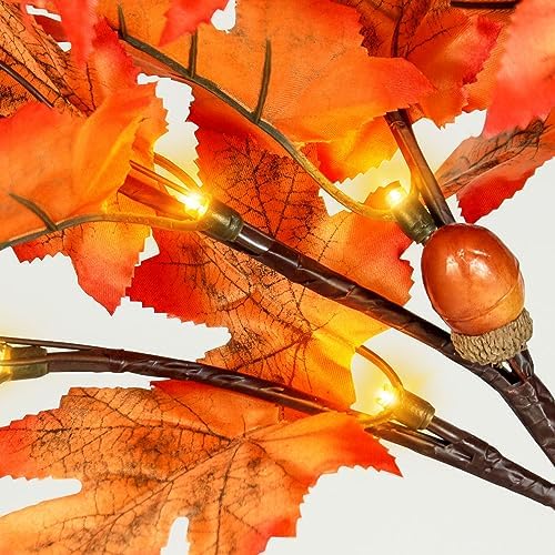 2 Pack 24 Inch Fall Lighted Maple Tree with 72 LEDs, 144 Leaves, 12 Acorns, Timer Battery Operated, 2Ft Thanksgiving Decorations Table Lights Tree for Autumn Wedding Party Gift Indoor Harvest Home - Image 4
