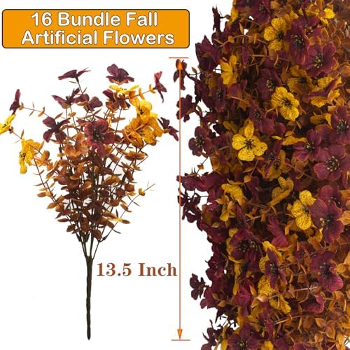 Grunyia 16 Bundles Artificial Fall Mums with Eucalyptus, Faux Daisy UV Resistant Outdoor Decor - Autumn Orange Flowers for Front Door Porch Planter, Patio, Thanksgiving Christmas (Fall Yellow&Red) - Image 3