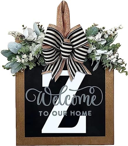 Last Name Year Round Front Door Wreath Front Porch Decoration 26 Letter Welcome Sign with Eucalyptus Garland and Bow Spring Wreaths for Front Door Outside Hanger Garland（Z） by YICORIP