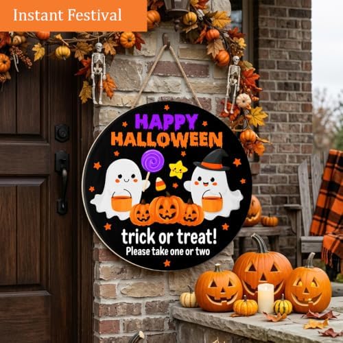 Halloween Decorations Wooden Sign for Home, Trick or Treat Ghost Sign - Image 2