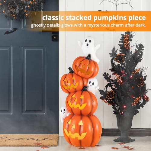 Glitzhome 33.25"H Halloween Lighted Stacked Jack-O-Lantern Porch Decor,MGO Pumpkin Ghost Statue with Timer,Scary Halloween Decoration for Indoor Outdoor Front Door Party Yard - Image 2