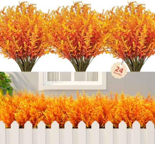 CLEANGOR 24 Pcs Artificial Fall Lavender Flowers for Outdoors (Orange) by Cleangor