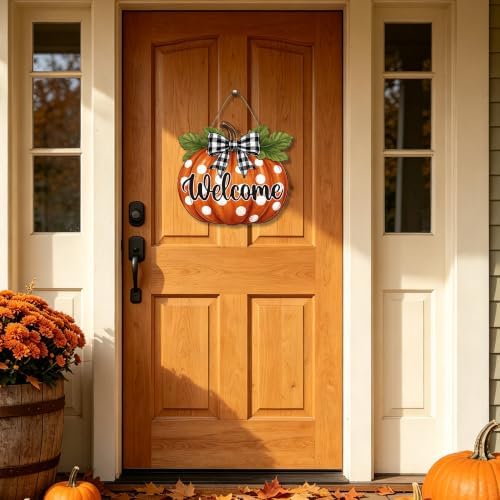 Fall Pumpkin Front Door Sign Rustic Pumpkin Thanksgiving Welcome Door Decorations Wood Sign Autumn Harvest Wreath Door Hanger Buffalo Plaid Bow Plaques Wall Hanging Decor for Home Proch Yard 11"x11" - Image 4
