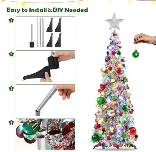 N&T NIETING Pop Up Christmas Tree with Lights & Ornaments, 3FT, Silver - Image 4
