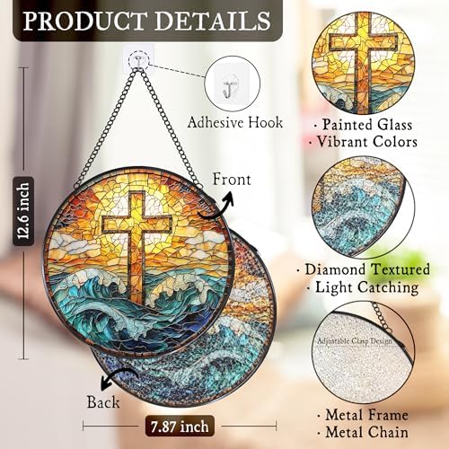 Coastal Beach Cross Stained Glass Window Hanging Suncatcher, Christian Ocean Wave Sun Catcher Indoor Window Decor Gifts, Religious Painted Glass Round Wall Hanging Decorations 7.8x7.8 in - Image 7