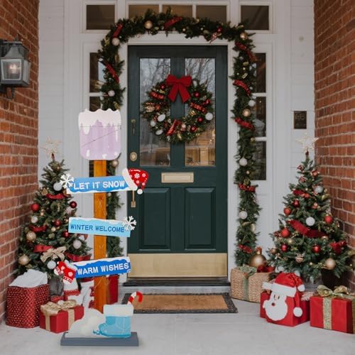 Lighted Wooden Christmas Porch Sign | Let It Snow Winter Welcome Porch Decor |Xmas Hat Gloves Candy Cane Wood Signs for Winter Wonderland Bule Christmas Decorations - Image 3