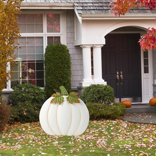 Glitzhome Oversized Ivory Pumpkin Yard Stake,39.5"H Metal Fall Pumpkins Garden Stake, Garden Standing Stakes or Hanging Pumpkin Signs for Autumn Harvest Thanksgiving Halloween Fall Outdoor Decorations - Image 4