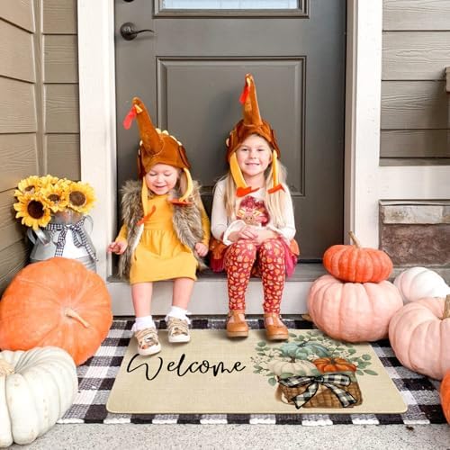 Fall Door Mat Outside,Pumpkin Eucalyptus Welcome Mat for Front Door,Thanksgiving Autumn Indoor Outdoor Non-Slip Rugs,Fall Doormat for Farmhouse Home Porch Decorations (Multi Color 30" x 17") - Image 4