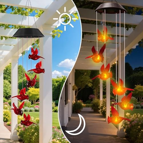 Cardinal Solar Wind Chimes for Outside,Cardinal Gifts for Women Mom Mother,Solar Red Bird Memorial Wind Chimes,Solar Powered Wind Chime Waterproof,Red Bird Decor for Garden Patio Outdoor Porch - Image 3