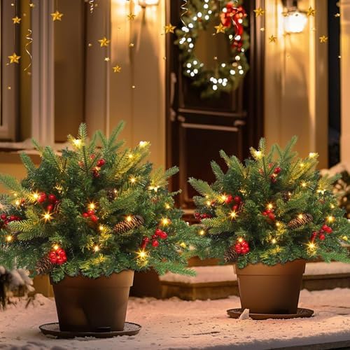 Timer 2 Pack Outdoor Christmas Tree Urn Filler 24 Inch Artificial Xmas Tree withPinecones Red Berries Tripod Stake Warm White & Colorful Lights Battery Operated 8 Mode Porch Decor Pathway Holiday Yard - Image 5