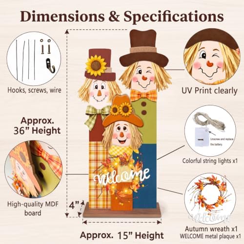 3 PCS Fall Scarecrow Welcome Sign with LED Lights,36" Wooden Thanksgiving Porch Vertical Sign,Rustic Autumn Outdoor Decor for Front Door,Patio,Garden - Image 3