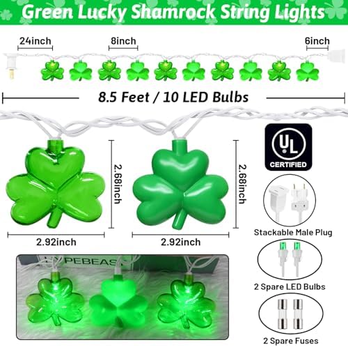 8.5Ft LED St Patricks Day Lights Shamrock Lights Plug in Lucky Shamrock String Lights Clover String Lights Outdoor Waterproof for St. Patrick's Day Decorations for Bedroom Home Garden Party, 0.48W - Image 4
