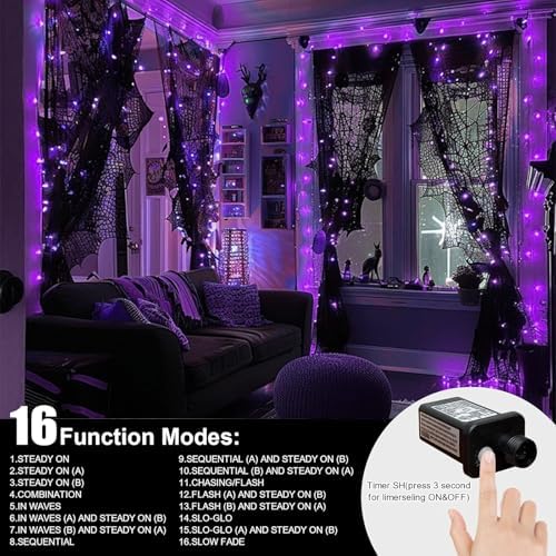LAMPHOME Halloween Lights, 66FT 200LED Purple String Lights, 16 Modes Deep-Violet Purple LED Lights, Indoor Outdoor Christmas Lights Plug in for Tree Bedroom Garden Yard Xmas Party Decor - Image 3