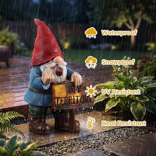 Lavezee Funny Garden Gnome, Middle Finger Gnomes Statue with Solar Lighted Sign – “My Territory” for Patio Backyard Porch Outdoor, Humorous Housewarming Gifts for Men Dad Husband - Image 6