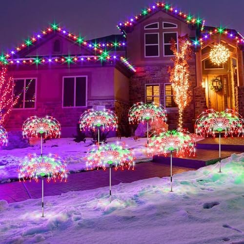 Enhon 4 Pack Plug in Christmas Pathway Firework Lights, 1440 LED Waterproof Xmas Garden Starburst Stake Lights with 8 Modes for Driveway Walkway Yard Lawn Patio Decorations(Red, Green, White) - Image 6