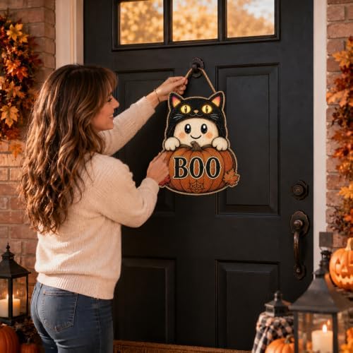 Halloween Door Sign Cute Ghost Wear a Black Cat Hat Pumpkin BOO Decor - Image 6