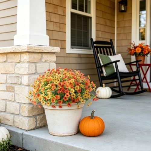Fall Mums Artificial Flowers for Outdoors Potted, 12 Bundles Fake Fall Daisy Flower with Realistic Eucalyptus Leaves, Fake Plants for Greenery Boxwood Porch Patio Garden Pot Lawn(Yellow Orange) - Image 2