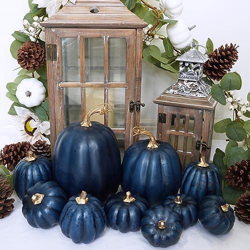 Winlyn 10 Pcs Assorted Navy Blue Artificial Pumpkins Dark Blue Pumpkins Decorative Pumpkins Faux Foam Pumpkins for Fall Farmhouse Thanksgiving Halloween Table Centerpiece Kitchen Table Mantel Décor - Image 6