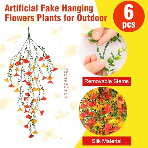 6 Pcs Artificial Hanging Flowers 30 Inch Yellow Orange Morning Glory Vines UV Resistant Fake Hanging Plants Silk Hanging Flowers for Outdoor Fall Autumn Thanksgiving Garden Patio Window Decor - Image 2