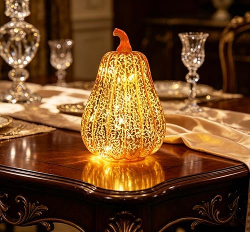 Fall Decorations for Home,Mercury Glass Pumpkin Lights with Timer(Gold) - Image 2