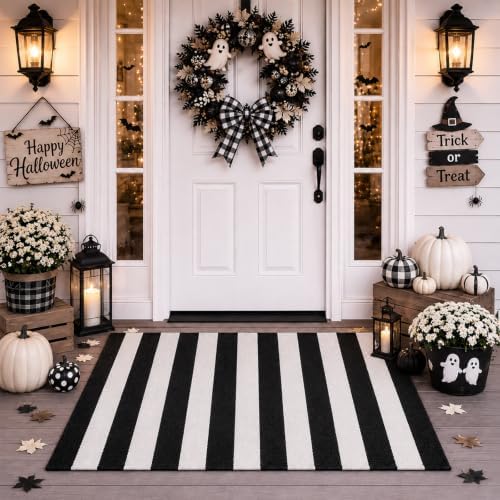 Duraaamo Black and White Striped Rug 2' x 3' for Halloween Outdoor Decor by Duraaamo