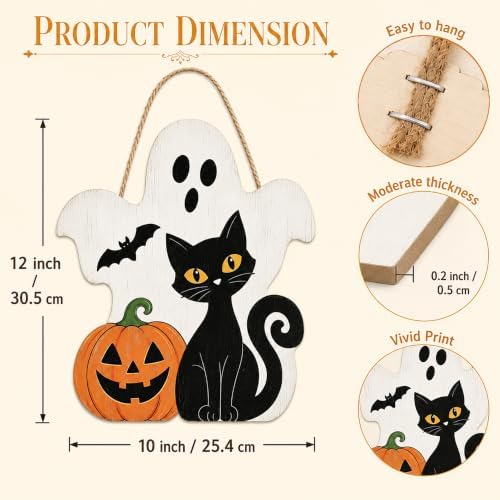 Halloween Decoration Wooden Sign, Ghost Halloween Front Door Hanger, Spooky Wooden Pumpkin Black Cat Sign for Indoor Outdoor Yard, Сute Ghost Home Decorations Signs - Image 2
