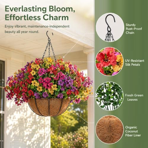 Jasion 2 Set Artificial Outdoor Flowers Hanging Basket Mix Color - Image 3
