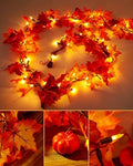 VCOKEN 11FT Fall Garland With Lights - 50 Bulbs Connectable Maple Leaves With Pumpkin, Plug-in Decor for Outdoor Indoor Halloween Thanksgiving Holidays by VCOKEN