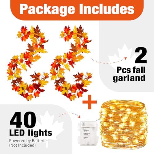 KASZOO 2 Pack Fall Maple Garland with 40 LED String Light- 5.8ft/Piece Artificial Fall Foliage Garland Autumn Decor for Home Wedding Party - Image 3